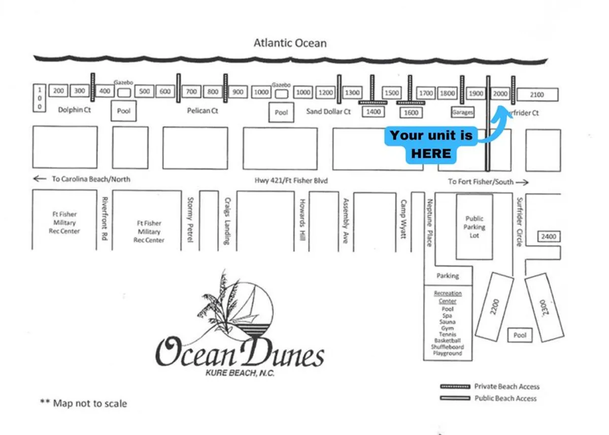 This image provides a wide view of the Atlantic Ocean, the private beach access walk, a glimpse of the pool, and the recreation center, all with a vibrant, social atmosphere. The scene captures the essence of resort living and group activities steps from the sand.